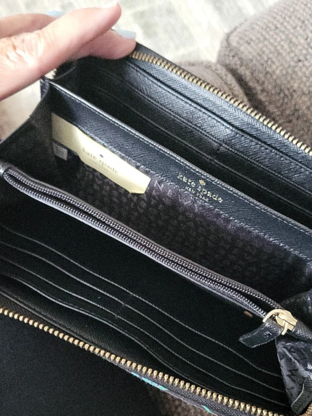 kate spade black wallet with green & pink hummingbird print